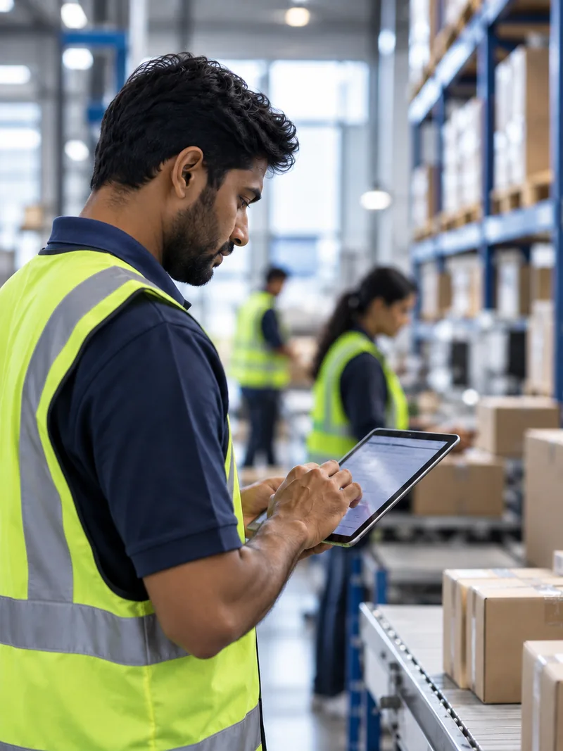 An operations lead checking inventory on a tablet in a warehouse
