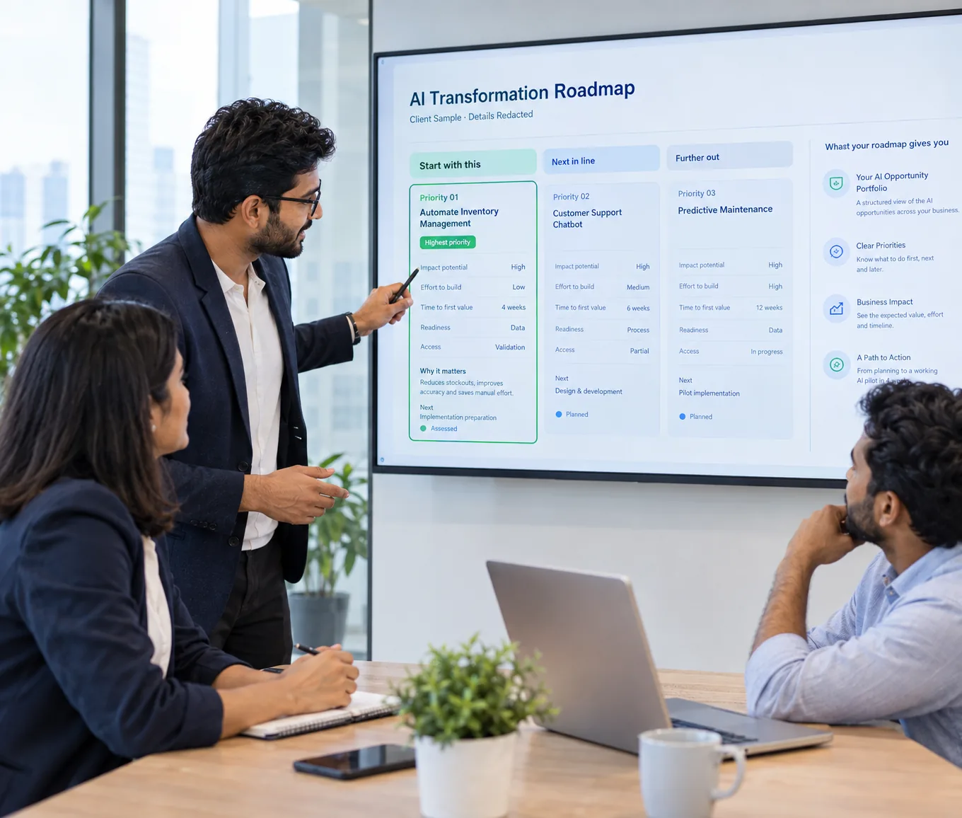 A team reviewing their AI Transformation Roadmap